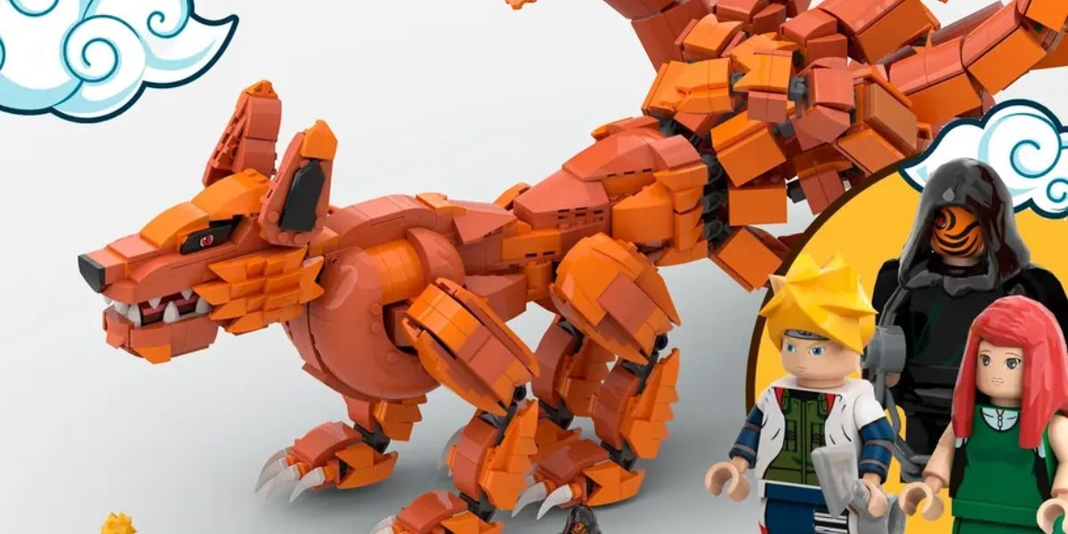 Uma réplica LEGO da raposa de nove caudas de Naruto