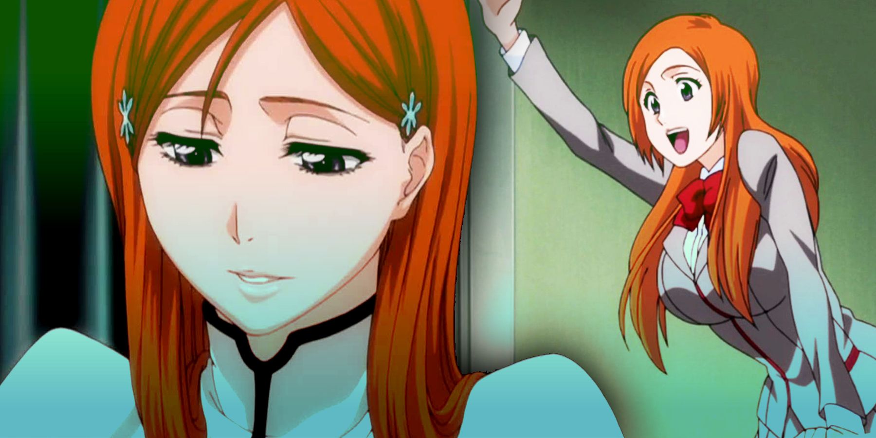 Esquerda: Orihime Inoue olhando para baixo em Bleach.  Direita: Orihime sorrindo e acenando.