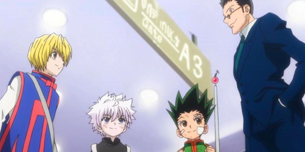 Kurapika, Killua, Gon e Leorio se encontrando sob um arco (Hunter x Hunter)