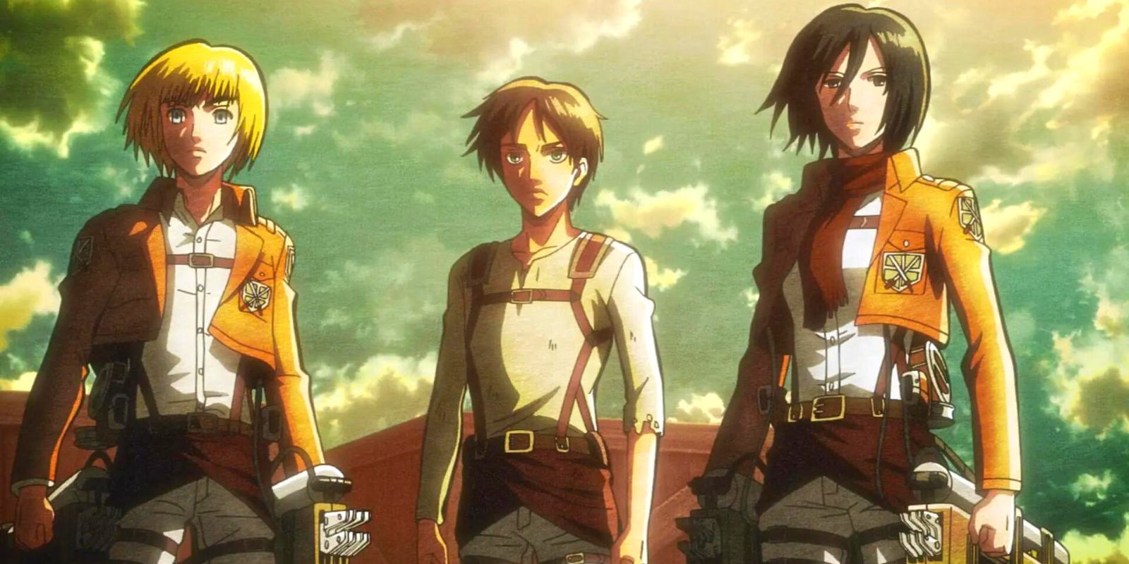 Ataque aos heróis Titãs Eren, Armin e Mikasa olhando para o horizonte.