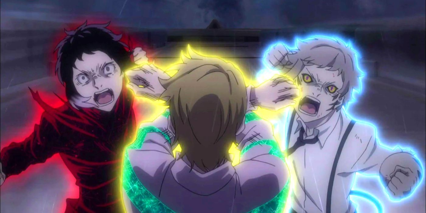 Atsushi e Akutagawa lutam contra Fitzgerald em Bungou Stray Dogs.