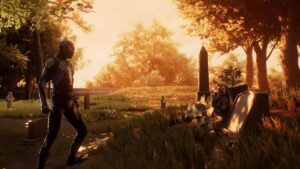 Peter Parker, as Spider-Man, standing somberly at Aunt May's grave in a grassy cemetery. The setting sun behind trees casts a warm, melancholic light, emphasizing the emotional weight of the moment