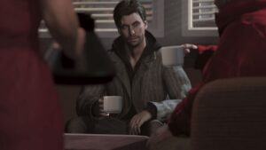 Alan Wake 2 Holding Cup In Cafe Near People