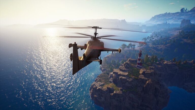 The Front Helicopter Flying Over Waters Toward Cliffs Edge With Lighthouse And Greenery Background