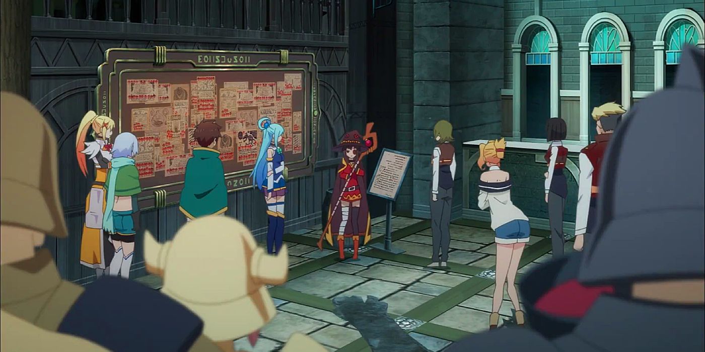 Todos estão reunidos em torno do quadro de solicitações em Konosuba.