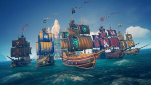 Sea Of Thieves Ships Sailing Alongside Each Other With Different Flags And Styles