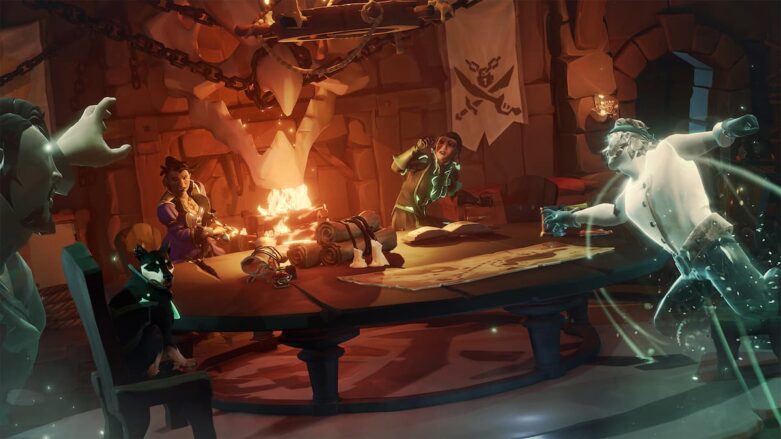 Jogadores e fantasmas do Sea Of Thieves lutando por pergaminhos na mesa