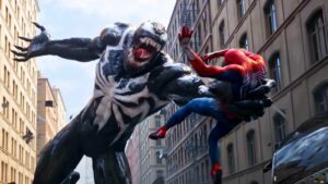 Marvels Spider Man 2 Venom And Peter Fighting In Street