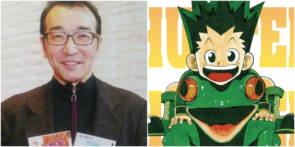 Yoshihiro Togashi segura alguns mangás e Gon Freecss monta um sapo