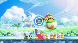 Super Mario Bros Wonder Mario Tries To Stop Bowser From Taking Flower But Will Fail As Usual Peach Luigi Daisy And Mushroom People Nearby