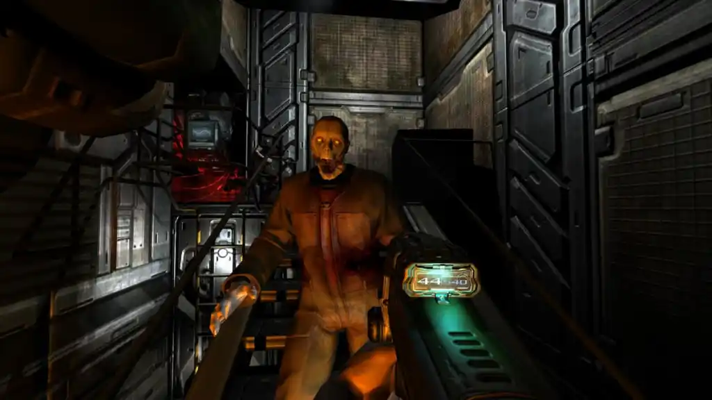 Atirando em mortos-vivos em Doom 3