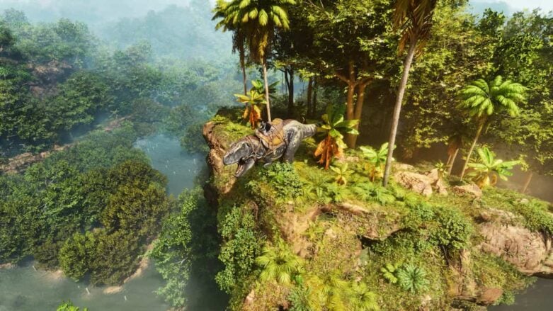 Ark Survival Ascended T Rex olhando no topo de uma colina na selva