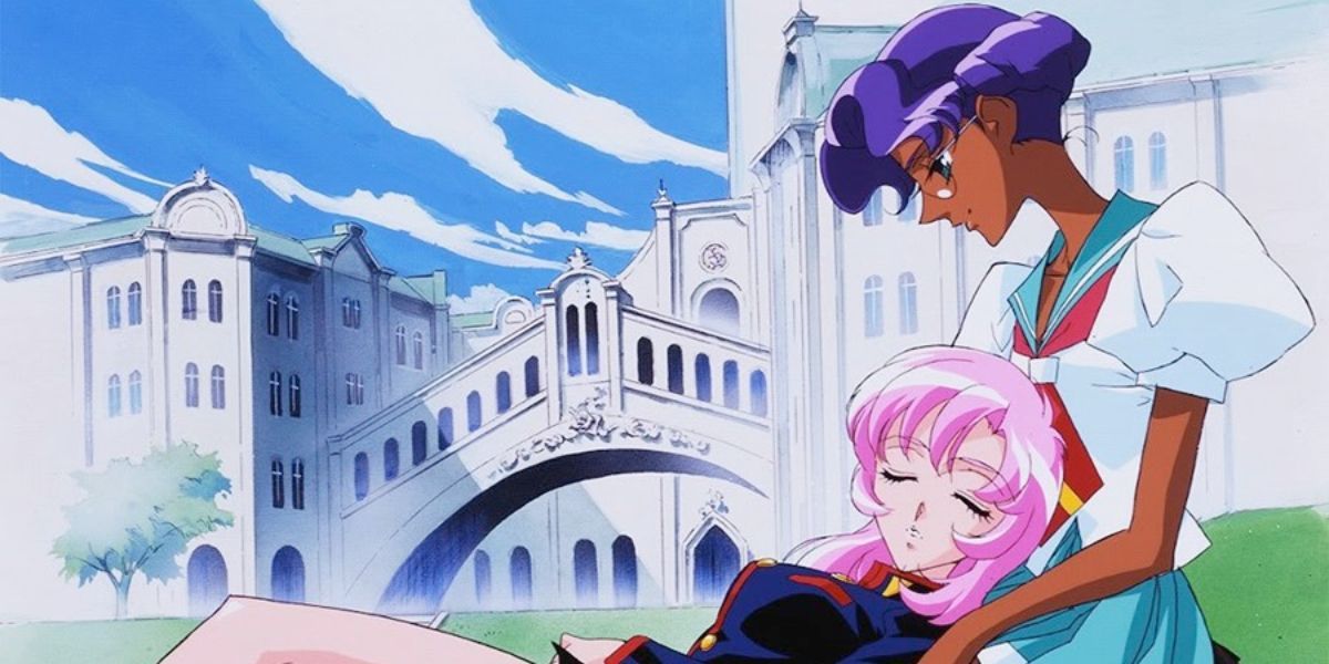 A imagem apresenta um visual de Revolutionary Girl Utena: (Da esquerda para a direita) Utena Tenjo está dormindo no colo de Anthy Himemiya.