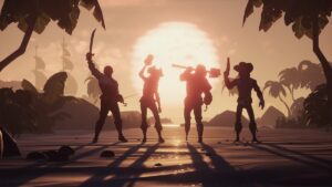 Sea Of Thieves Players Together Celebrating Being On Island Near Ship And Ocean