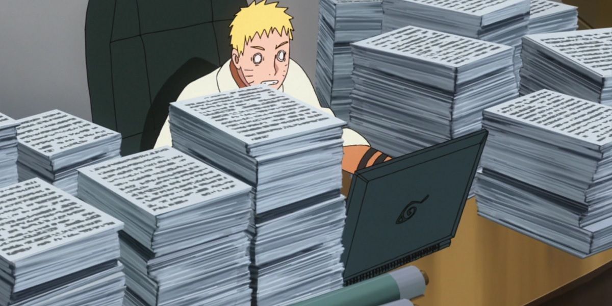 Naruto sobrecarregado com a papelada do Hokage