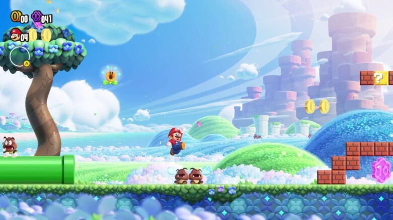 Super Mario Bros Wonder Mario prestes a conter alguns Goombas