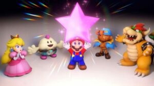 Super Mario Rpg Mario Peach Bowser And More Happy Holding A Pink Star