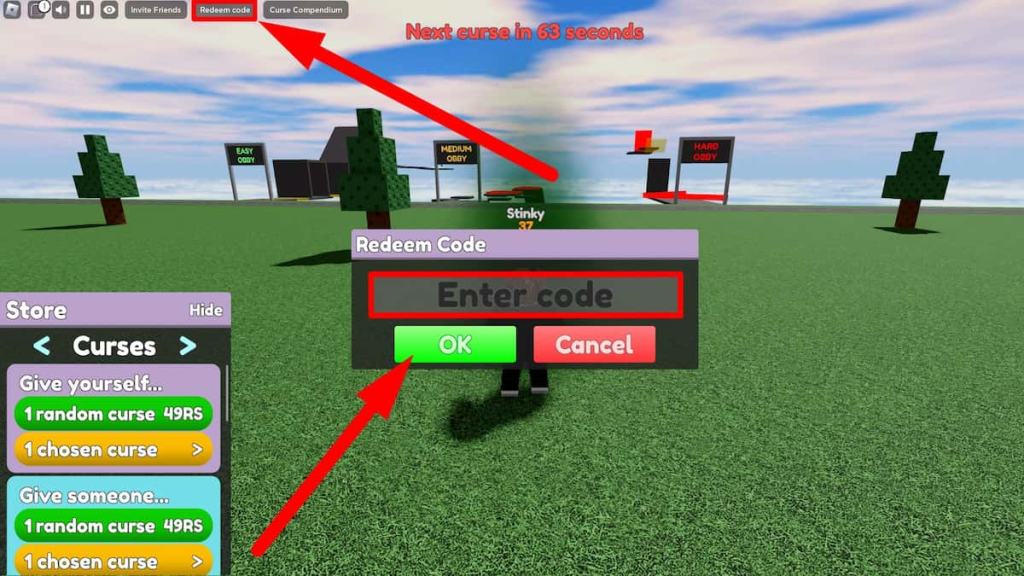 Caixa de texto de resgate de código para Roblox Curse Randomizer