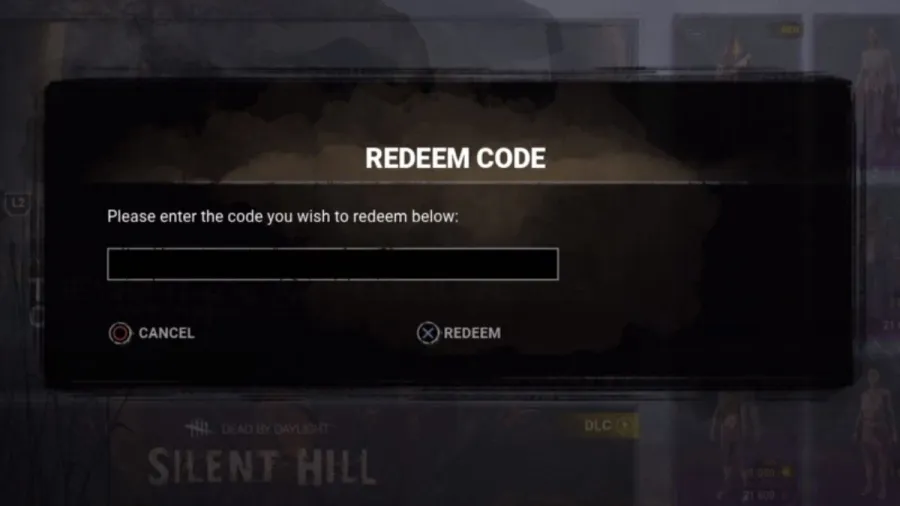 Janela de resgate do código Dead by Daylight. "Por favor, insira o código que deseja resgatar abaixo" com caixa de texto abaixo dela