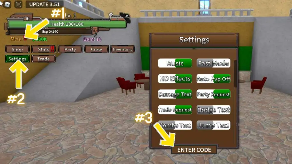 Instruções de resgate do código Roblox King Legacy: Clique no botão de menu, em seguida, clique em configurações e, em seguida, clique na caixa de texto que diz INSERIR CÓDIGO