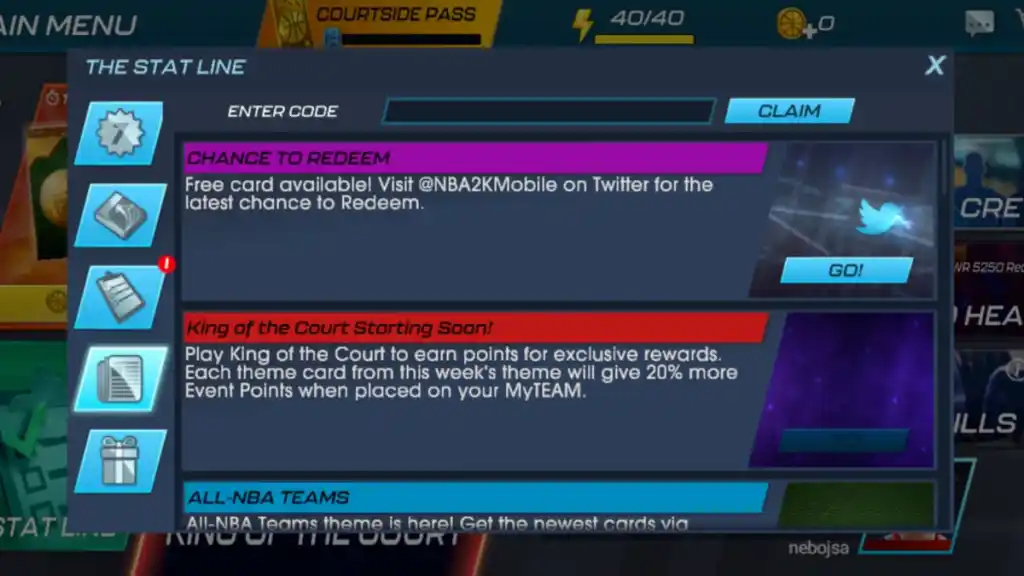 como resgatar códigos no nba 2k mobile