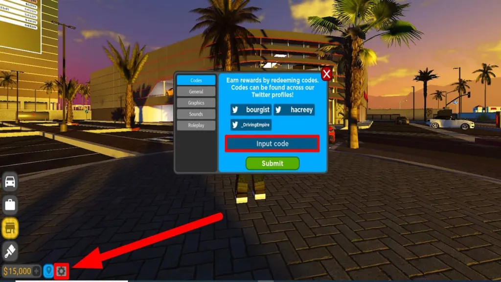 Resgatar caixa de texto de código para Roblox Driving Empire