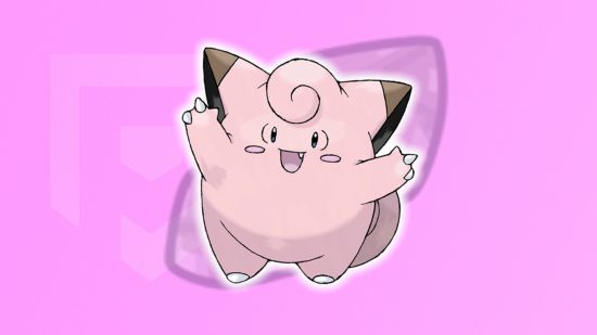 Evolução de Clefairy: Clefairy ficou na frente de uma pedra da lua em frente a um fundo rosa