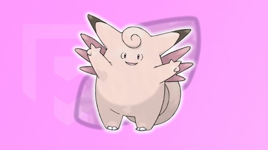 Evolução de Clefairy: Clefable em frente a uma pedra da lua em frente a um fundo rosa