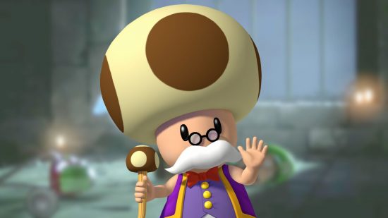 Personagem de Mario, Toadsworth, um velho com óculos pequenos e um bastão, um bigode branco sobre a boca e uma roupa roxa chique, também com um cogumelo no cabelo.