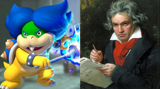 Ludwig, personagem de Mario, uma tartaruga de cabelo azul espetado, ao lado de uma foto de Ludwig van Beethoven, o famoso compositor.