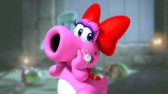 Personagem de Mario, Birdo, um dinossauro rosa com um laço no cabelo e um focinho grande e largo como um cachimbo.