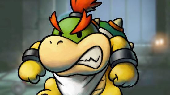 Personagem de Mario, Baby Bowser, uma pequena tartaruga com um lenço branco e sobrancelhas ferozes parecendo toda zangada.