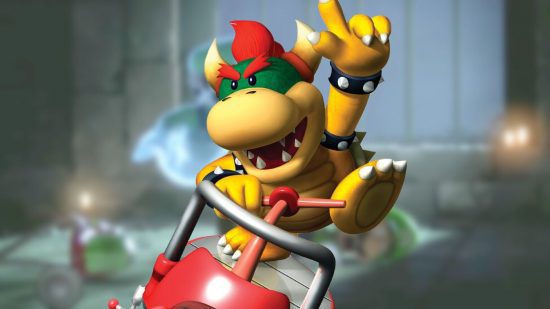 Personagem do Mario Koopa Kid, uma tartaruga tipo dinossauro com um dedo para cima, toda amarela e verde, parecendo um personagem de desenho animado.