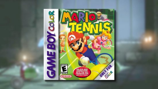 Personagens de Mario na capa de Mario Tennis no GameBoy Color.  Mario está balançando, com Peach atrás fazendo o mesmo.