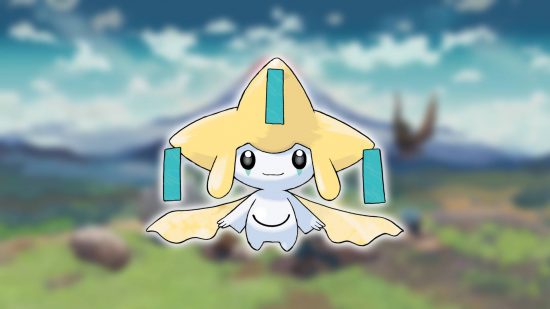 Pokémon mítico: um plano de fundo mostra uma captura de tela de Pokémon Legends: Arceus, enquanto o primeiro plano mostra a arte principal do Pokémon Jirachi