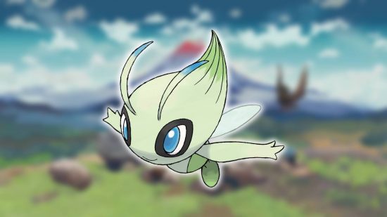 Pokémon mítico: um plano de fundo mostra uma captura de tela de Pokémon Legends: Arceus, enquanto o primeiro plano mostra a arte principal do Pokémon Celebi