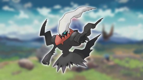 Pokémon mítico: um plano de fundo mostra uma captura de tela de Pokémon Legends: Arceus, enquanto o primeiro plano mostra a arte principal do Pokémon Darkrai