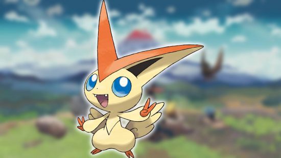 Pokémon mítico: o plano de fundo mostra uma captura de tela de Pokémon Legends: Arceus, enquanto o primeiro plano mostra a arte principal do Pokémon Victini