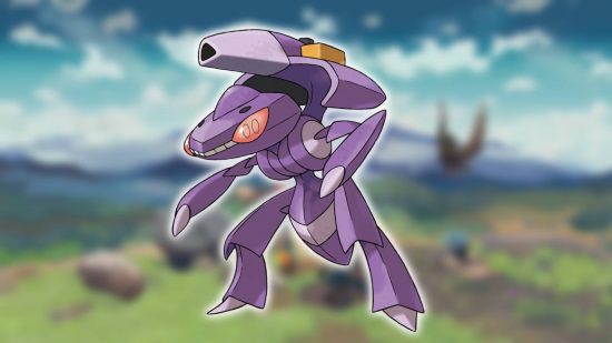 Pokémon mítico: um plano de fundo mostra uma captura de tela de Pokémon Legends: Arceus, enquanto o primeiro plano mostra a arte principal do Pokémon Genesect