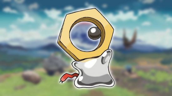 Pokémon mítico: um plano de fundo mostra uma captura de tela de Pokémon Legends: Arceus, enquanto o primeiro plano mostra a arte principal do Pokémon Meltan