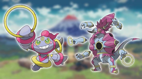 Pokémon mítico: um plano de fundo mostra uma captura de tela de Pokémon Legends: Arceus, enquanto o primeiro plano mostra a arte principal do Pokémon Hoopa