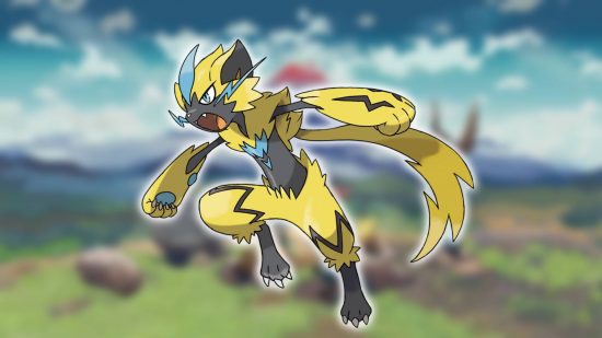 Pokémon mítico: um plano de fundo mostra uma captura de tela de Pokémon Legends: Arceus, enquanto o primeiro plano mostra a arte principal do Pokémon Zeraora