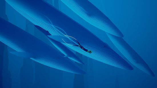 jogos oceânicos Abzu: um mergulhador cercado por baleias