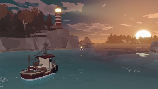 jogos oceânicos Dredge: um barco saindo de uma baía