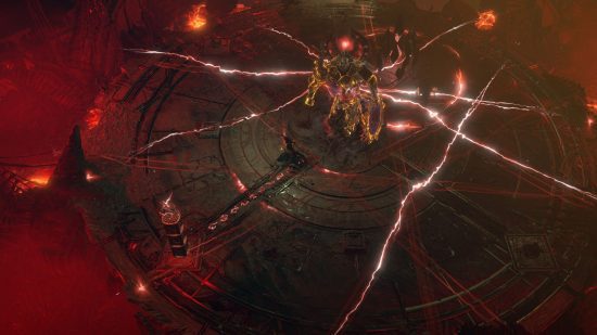 melhores jogos Steam Deck - Diablo IV: uma criatura demoníaca com iluminação saindo dela em pé sobre um chão de pedra