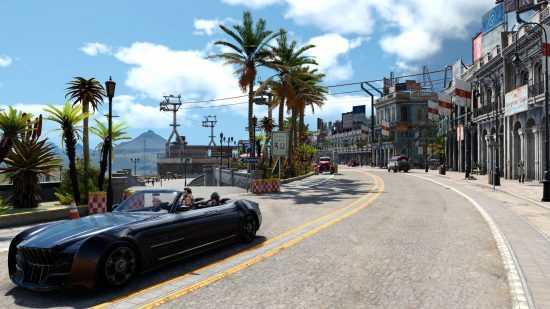 melhores jogos Steam Deck - Final Fantasy XV: um carro preto com a capota abaixada dirigindo por uma cidade ensolarada