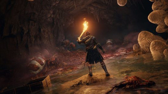 melhores jogos Steam Deck - Elden Ring: um personagem estava em uma caverna escura cheia de sangue e ovos