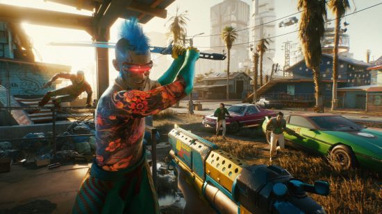 melhores jogos Steam Deck – Cyberpunk 2077: um personagem com um moicano azul balançando uma espada