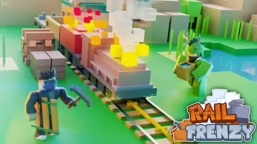 Personagens Roblox Rail Frenzy construindo trilhas