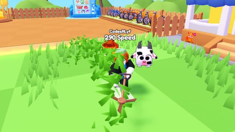 Simulador de corte Roblox cortando grama com uma vaca voadora